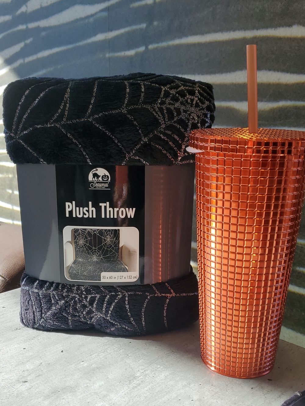 Halloween Throw Blanket with Spiderweb Design & Orange Tumbler